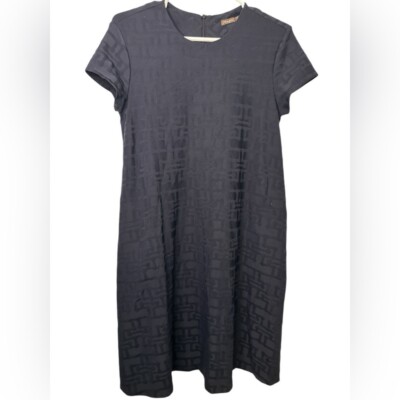 J.McLaughlin Black Textured Knit Jacquard Crew Neck Cap Sleeve Swing Dress