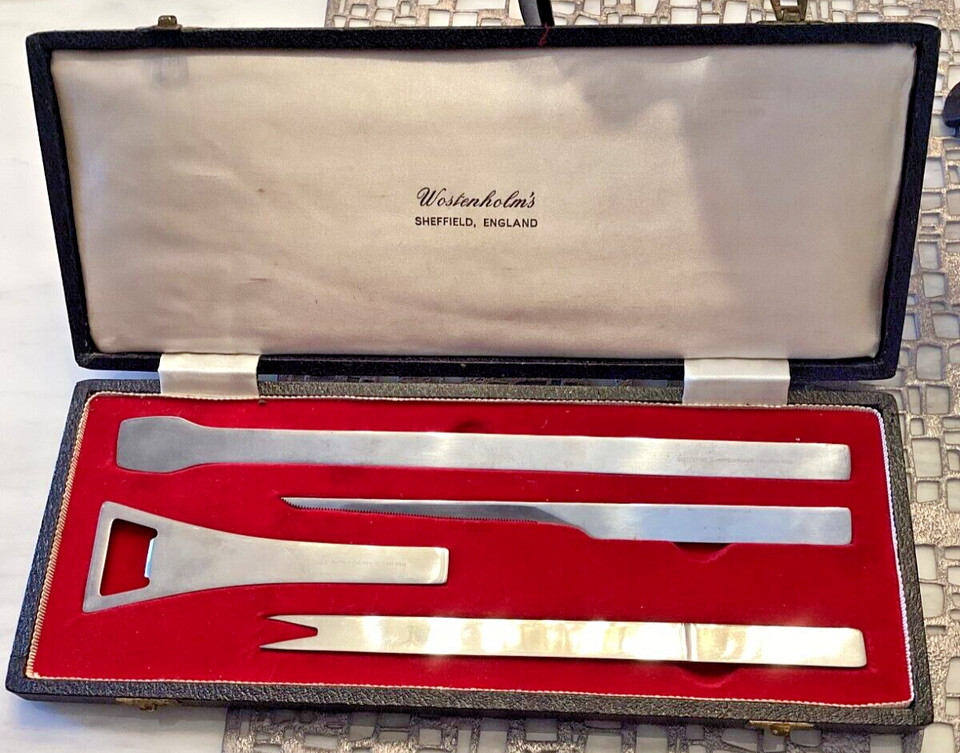 A complete MCM Wostenholm Sheffield bar tool set — Sheffield steel craftsmanship from the golden age of cocktail culture, the kind of set that makes a home bar look serious.