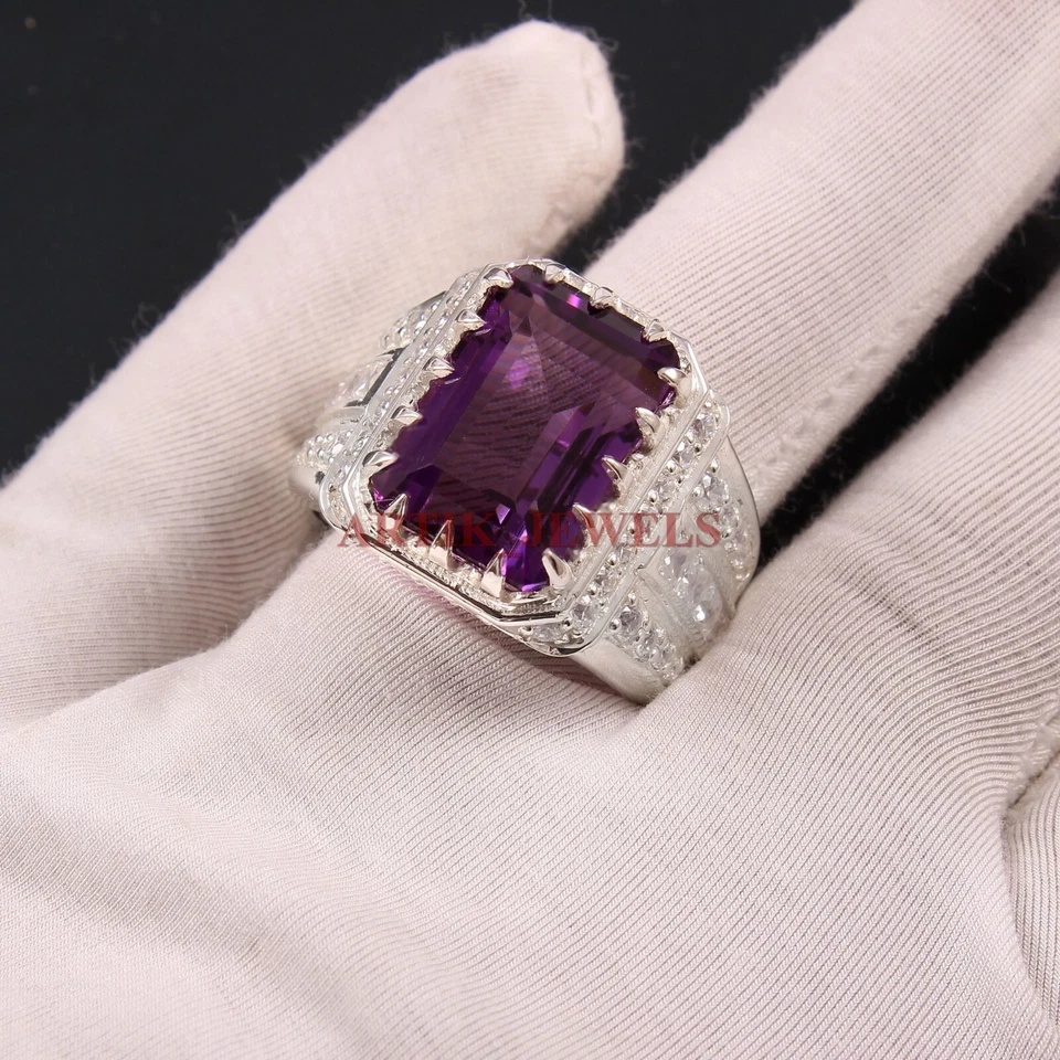 Natural Amethyst Gemstone with 14K White Gold Plated Silver Ring for Men's #3581 - Image 2 of 4