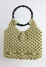 TAN CROCHET HANDBAG - Women's Vintage Bamboo Handle One-Of-A-Kind SUPER RARE