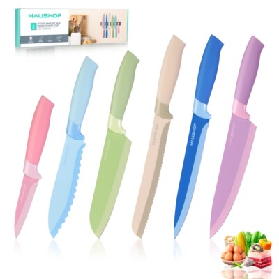 HAUSHOF 6PC Kitchen Knife Set Stainless Steel Chef Knives w/Magnetic Knife Strip