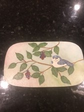 Hand painted 9 By 5 1/4 By 1 1/2 Woven Basket With Wood Top With A Chickadee