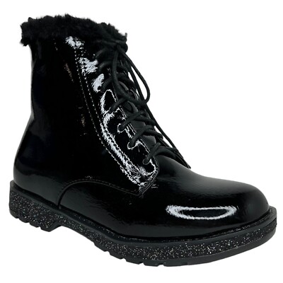 Mia Youth Girls Fashion Boot Size 1-3 Black Glitter Accent Faux Fur Trim  Lace up