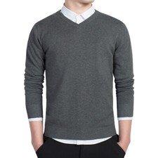 Men Slim Knitted Sweaters Cotton Blouse Long Sleeve Basic V-Neck Fit Soft Warm