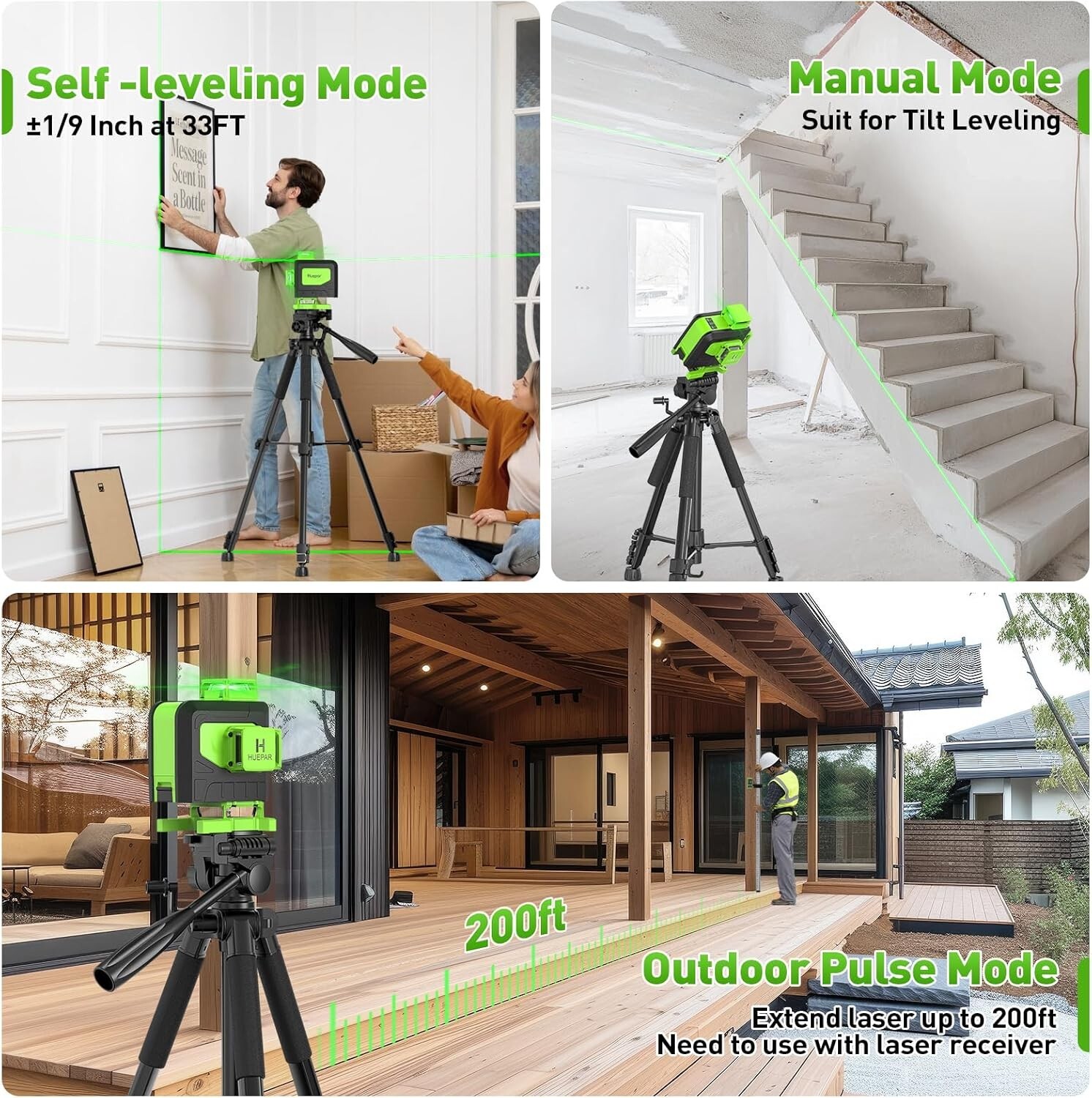 Huepar 16-Line 360-Degree Green Laser Level with Remote Control for Precision