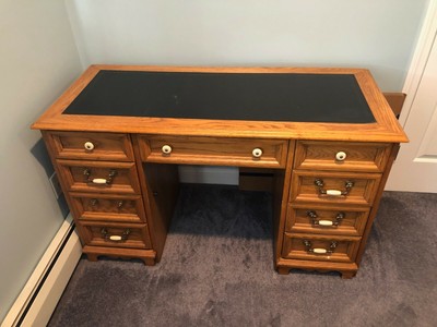 Solid Oak Double Pedestal Desk With Leather Desktop Ebay