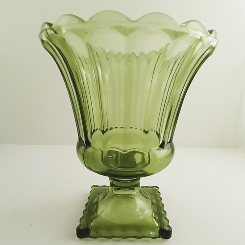 VTG Hazel Atlas Avocado Green Glass Footed Planter Vase ATC50 Square Base
