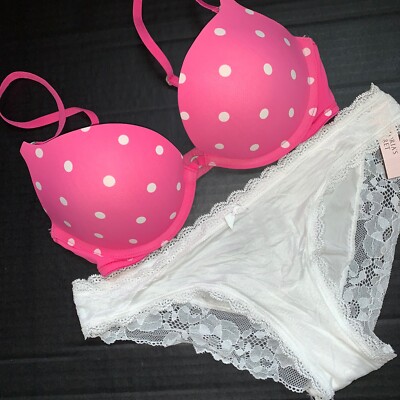 Gilly Hicks 32C BRA SET Victoria's Secret XS panty HOT PINK white