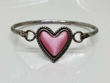 Side Opening Bracelet Pink Heart Silver Tone