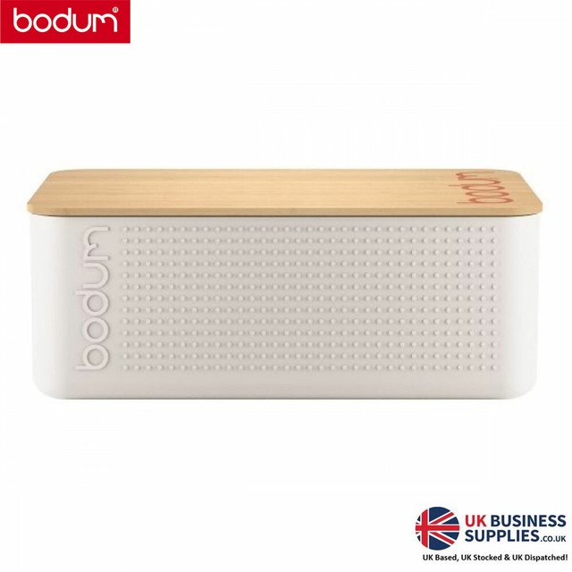 BODUM Bistro Bread Box Bin With Bamboo Wooden Chopping Board Lid off