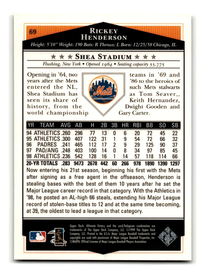 Rickey Henderson 1999 Upper Deck Ultimate Victory #69 New York Mets NM-MINT - Image 2 of 2