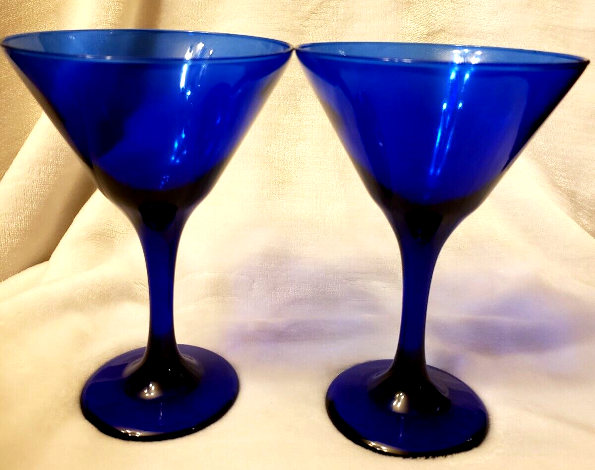 Set Of 2 Cobalt Blue Glass Stem Martini Drinking Glasses 6.5" Tall eBay
