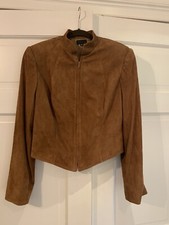 Douglas Hannant Cropped Tan Suede Zipper Jacket Silk Lined Sz 10 Euc