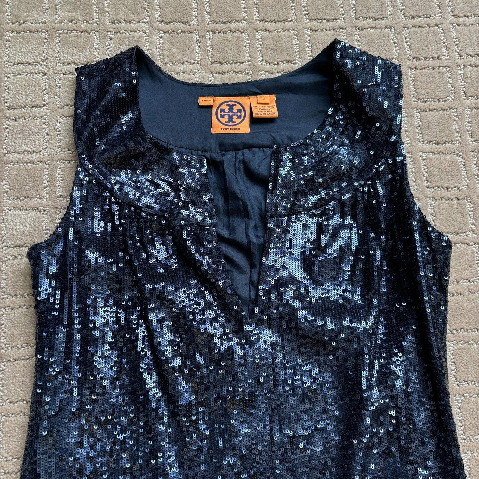 Abito da cocktail Tory Burch paillettes donna 2 maniche metallizzato blu navy seta nuovo di zecca