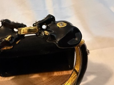 Vintage Black Enamel Dbl Elephant Stretch Bangle Bracelet Gold Tone Rhinestone