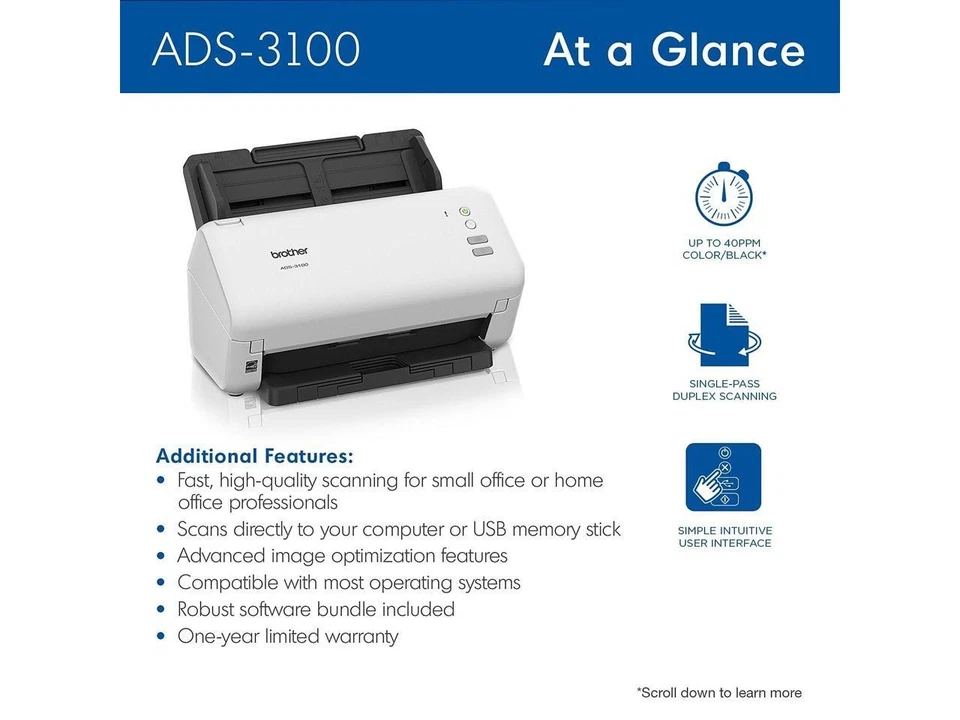 Brother ADS3100 600 x 600 dpi Sheet Fed High-Speed Desktop Scanner for Small - Image 4 of 4