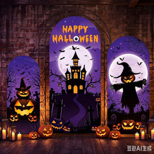 Purple Halloween Arch Backdrop Cover Pumpkin Backdrop Photo Background Decor
