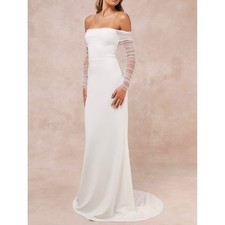 NWT Lulus Beautifully Beloved White Mesh Off-the-Shoulder Maxi Dress Wedding S