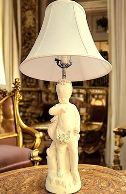 Vintage Putto Cherub Plaster Table Lamp with Victorian Bell Style Shade