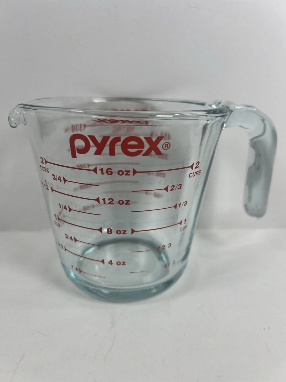 Vintage Pyrex 2 Cup 16 oz Glass Red Letter Measuring Cup Open End Handle USA