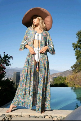 #ad BAROK Blue Floral Maxi Dress V Neck 3 4 Sleeve Tassel Lace Trim M rrp £200 GBP 65.00