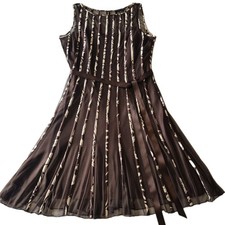 Sandra Darren Brown Beige Geometric Pleated Mesh A-Line Dress Sleeveless 16