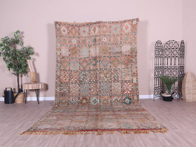 Vintage Moroccan Rug, Pink Box Design Area Rug Floral Design Carpet.