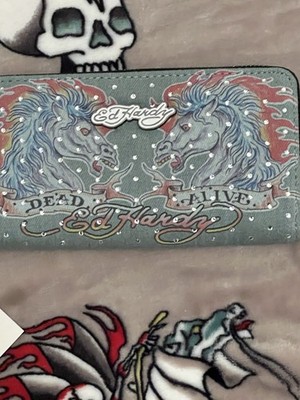 エドハーディ⭐︎ウォレット Ed Hardy Dead or Alive Denim Rhinestone Zip-Around Wristlet Wallet