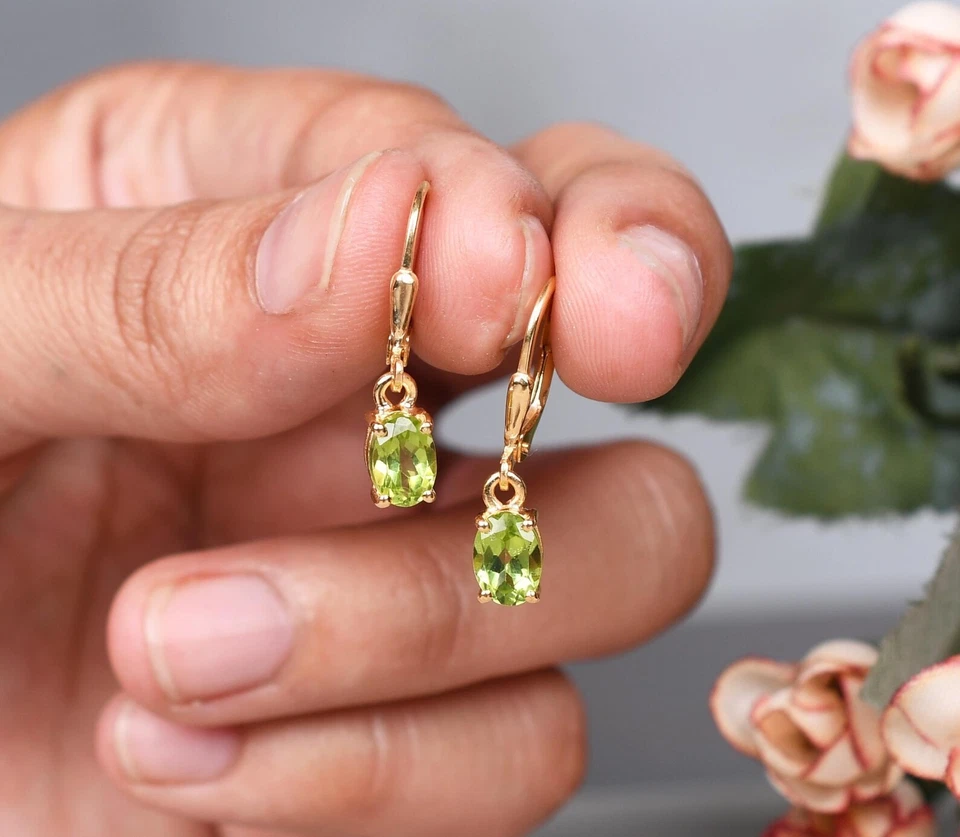 2Ct Oval Cut Lab Created Peridot Leverback Earrings In 14K Yellow Gold Plated - Image 3 of 4