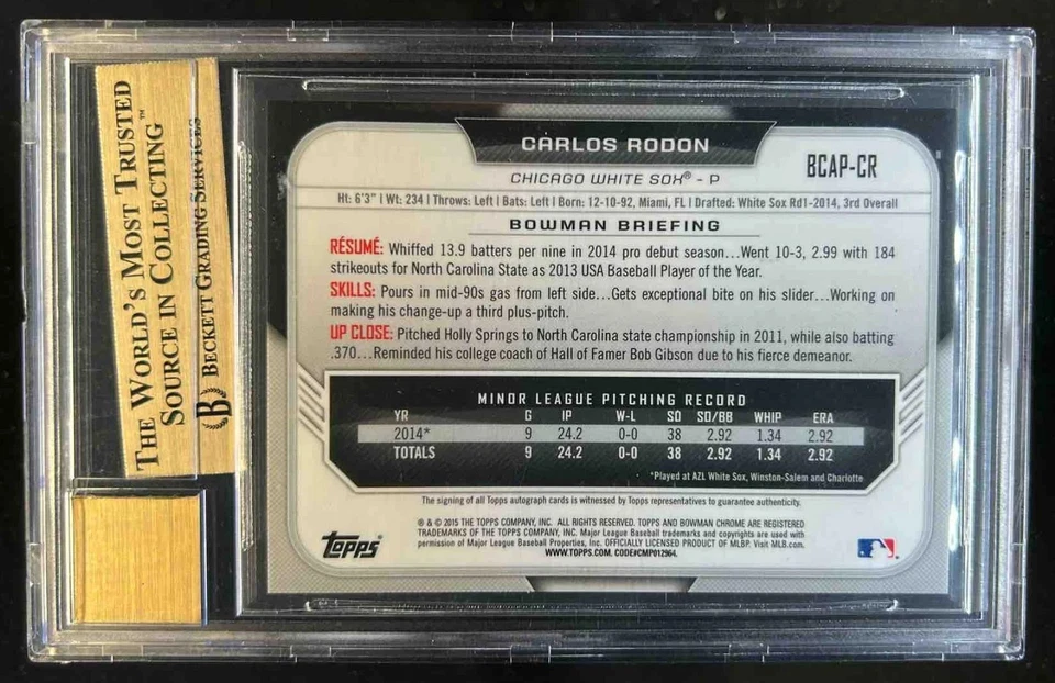 2015 Bowman Carlos Rodon Chrome Prospect Auto RC #BCAP-CR White Sox BGS 9.5/10 - Imagem 2 de 2