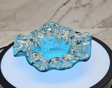 Handmade Fused Art Glass Bowl in Caribbean Blue with White and Vanilla