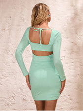 Green Allurite Women Square Neck Long Sleeve Pleated Casual Mini Dress SzXS S ML