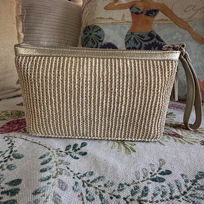 TALBOTS Cosmetic/Evening/Clutch Bag Gold Metallic Thread & Tassels Wrist Strap