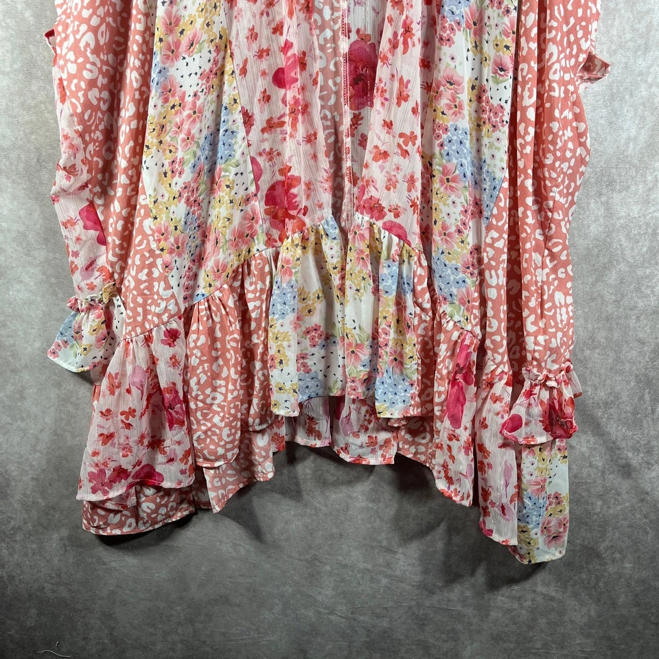 Cárdigan largo Umgee Kimono para mujer M/L rosa leopardo floral con volantes dobladillo abierto boho Foto 3 de 4