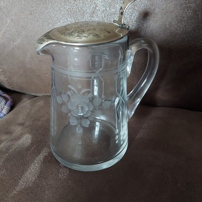 Vintage Hawkes S140 Etched Glass Sterling Silver Lid Syrup Pitcher