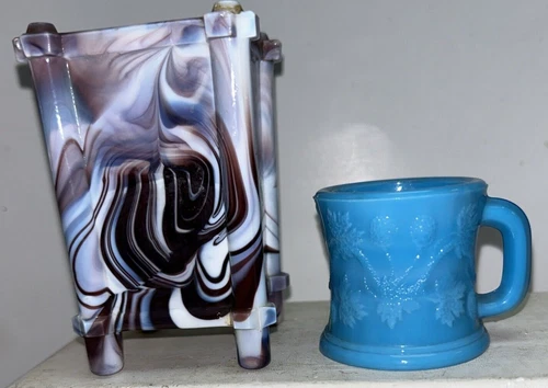 Vintage EAPG Purple Slag Match Holder & Blue Milk Glass Mini Mug Berries