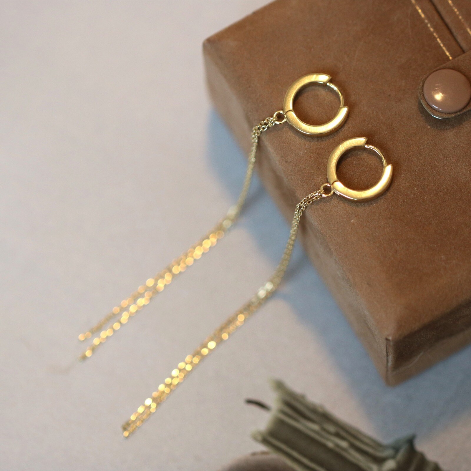 18K Gold Plated  16mm Hoop Tassel Chain Earrings 8cm Minimalist Korean Earrings