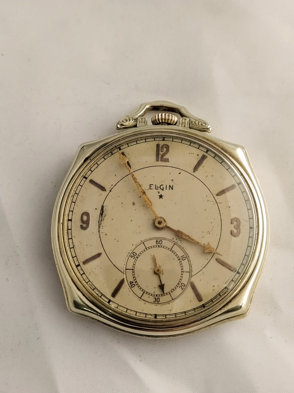 1937 ELGIN pocket box - lam. case gold 14 approx. - working, overhauled