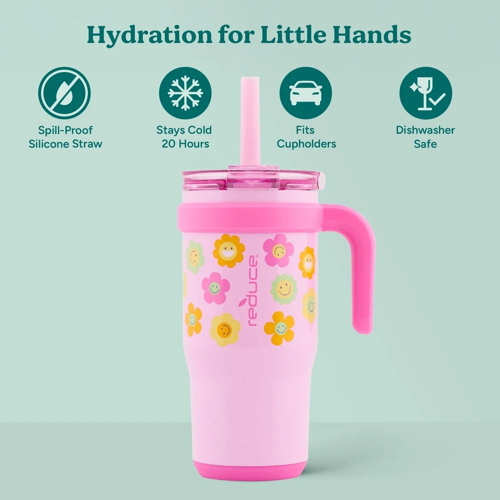 Tumbler with Spill-Proof Straw & Handle. Insulated Stainless Steel 18 oz