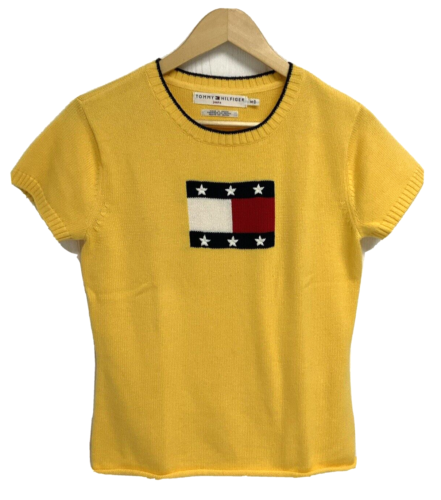 Vintage Tommy Hilfiger Damenjeans kurzärmelig gestrickt gelb Logo Top Größe M - Bild 1 von 5