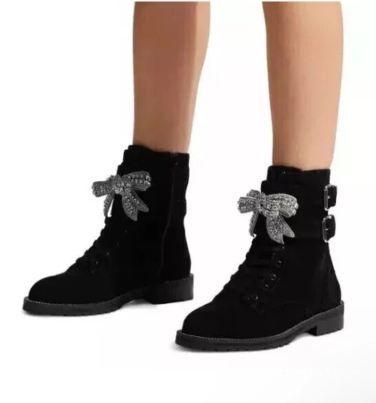 Nuevas Botas de Combate Kurt Geiger Zapatos 38.5 Lazo Estrás Gamuza Cuero Negro $390 Foto 2 de 4