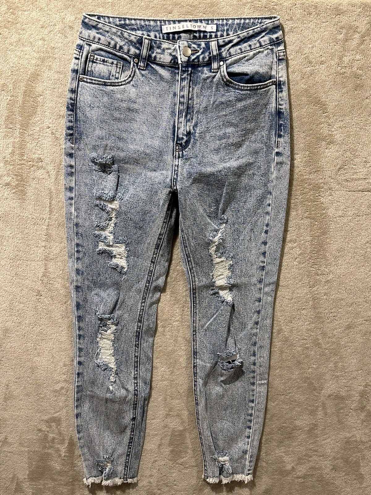 Tinseltown Hi Rise The Mom Jeans Size 5 Juniors Distressed Acid Wash Chewed Hems