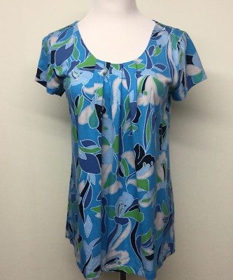 Classic Elements Womens Floral Short Sleeve Shirt Top Sz M Aqua Blue Beige Green