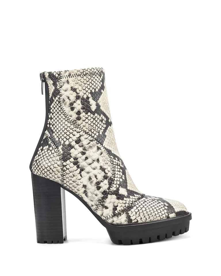 Vince Camuto Erettie Lug Sole Platform Block Heel Booties Black White Snake Boot
