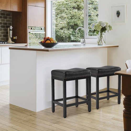 2pc Bar Stools Counter Height 24in Saddle Stools Metal Base & Footrest Kitchen - Picture 3 of 28
