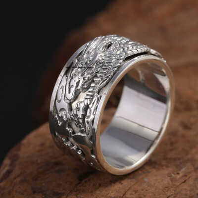 Real S925 Sterling Silver Band Men Women 12mm Dragon Figure