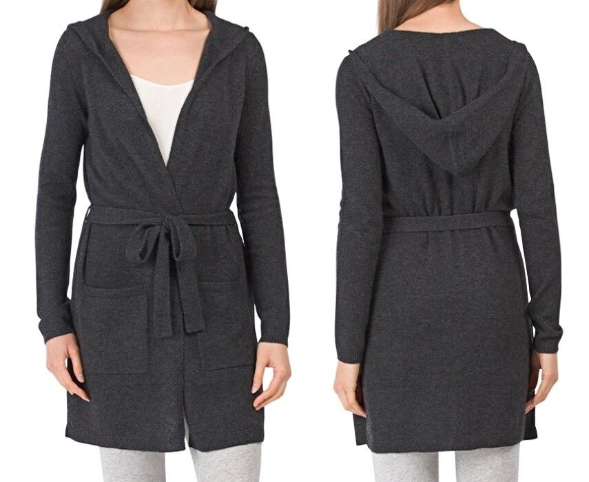 TAHARI 100% Cashmere Belted Hooded Cardigan Robe 34 SPA Length in Charcoal  sz M