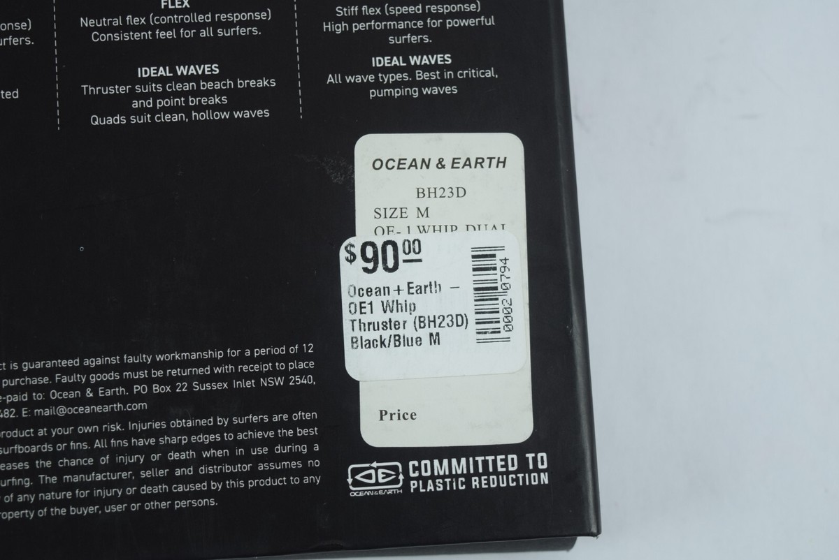 NIB! $90 Ocean & Earth OE-1 Whip Thruster Fin Surfboard Black Blue