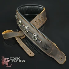Iconic CUSTOM SHOP Conchos 3.25" Brown Leather Padded  Guitar Bass Strap #1