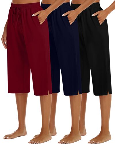 Locoowai 3 Pack Women's Capris Wide Leg Capri Pants Womens Drawstring Pajama